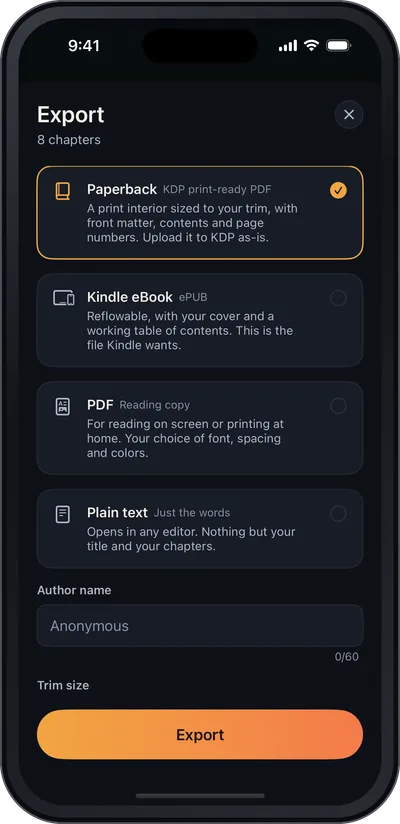 Exporting a finished book as a KDP-ready paperback PDF in QuickNovel